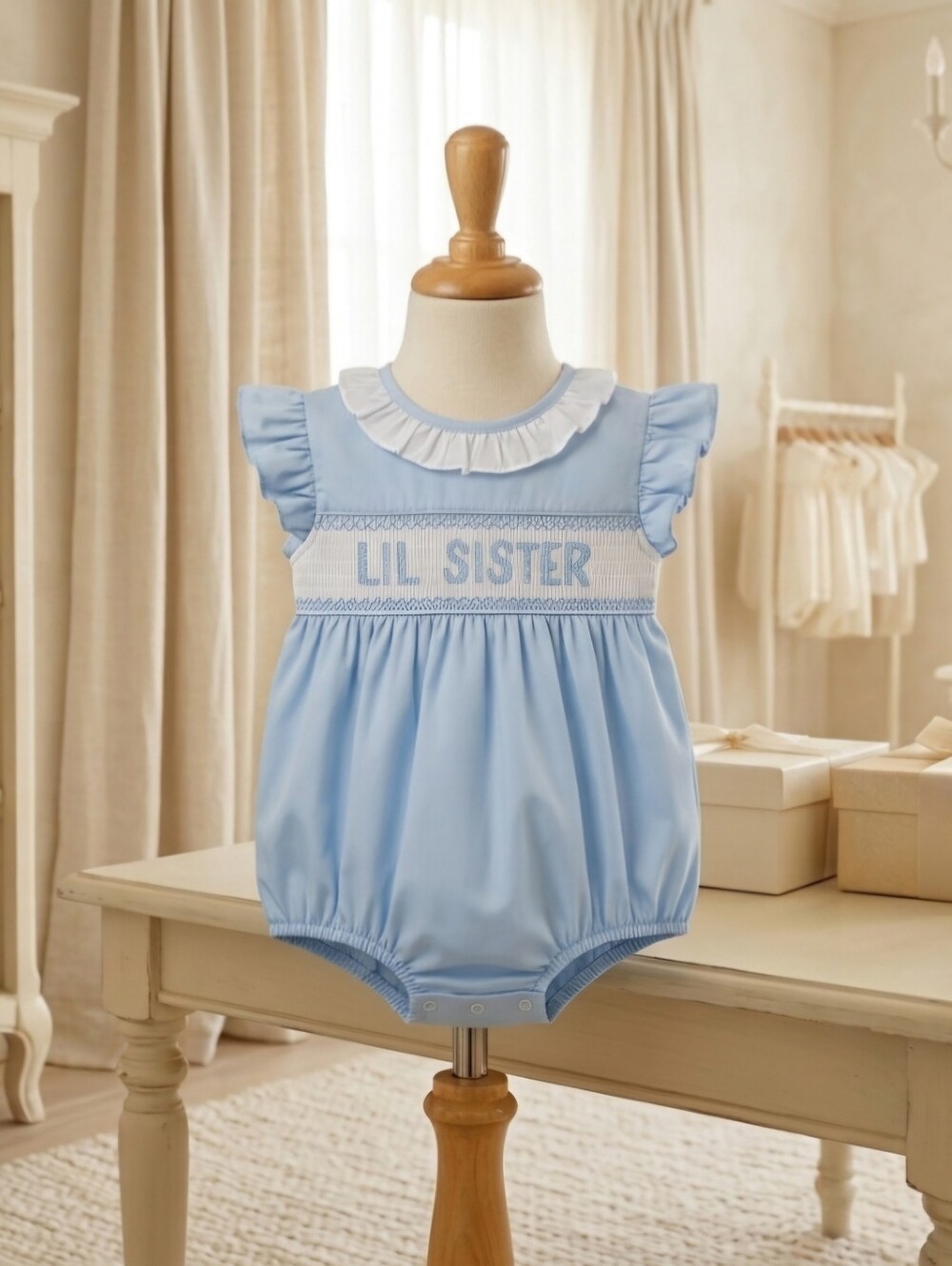 Lil Cactus Lil Sister Smocked Bubble – Baby Blue – Size 18-24M